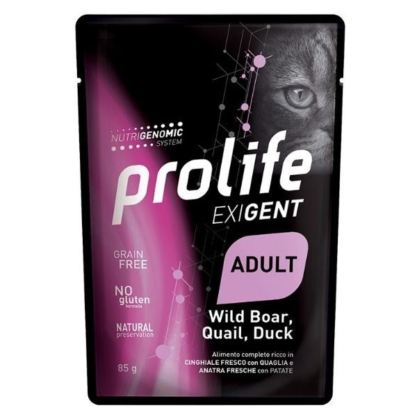 Prolife Exigent Cinghiale Quaglia e Anatra Freschi Con Patate Cibo Umido Per Gatti Adulti Busta 85g-1