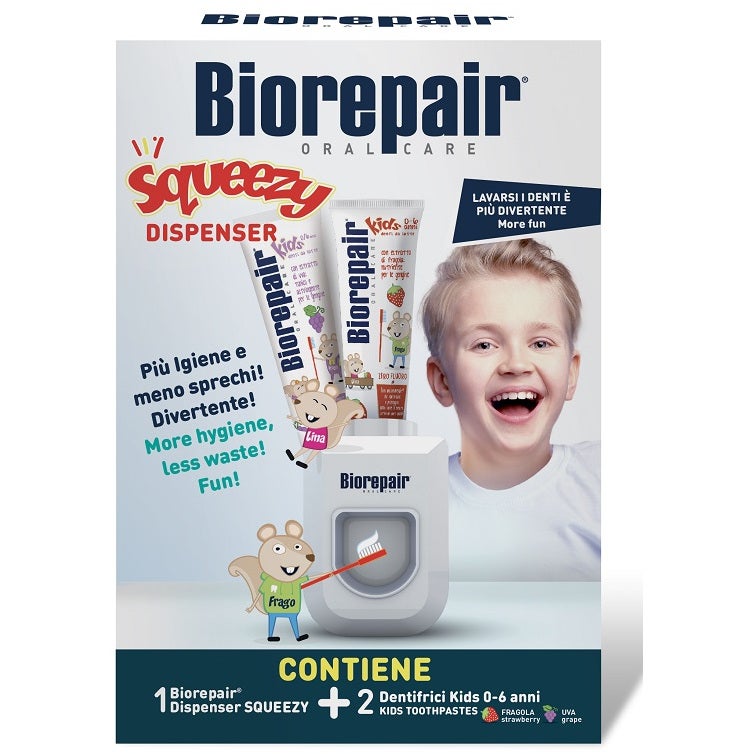 Biorepair Squeezy Dispenser + Dentifricio Bimbi Fragola/Uva 2x50ml 0/6 Anni  - 2