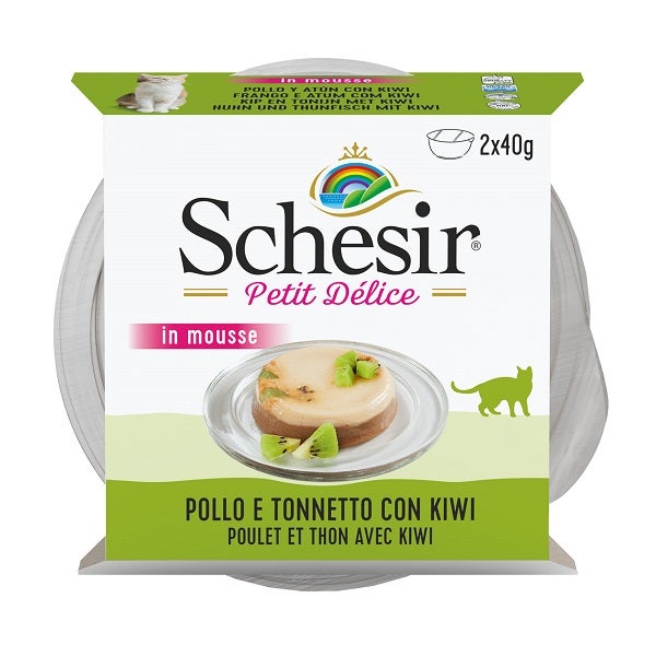 Schesir Petit Delice Pollo E Tonnetto Con Kiwi Mousse Per Gatti Adulti Vaschette 2x40g-2