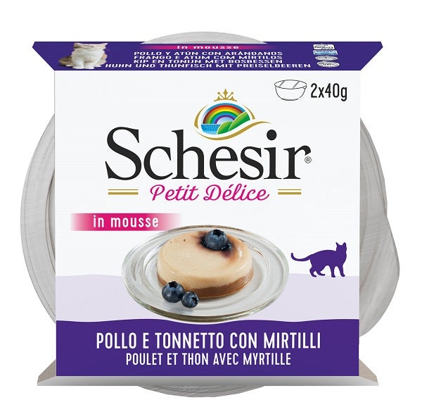 Schesir Petit Delice Pollo E Tonnetto Con Mirtilli Mousse Per Gatti Adulti Vaschette 2x40g-2