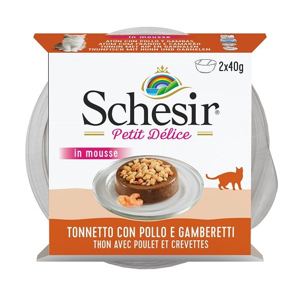 Schesir Petit Delice Tonnetto Con Pollo E Gamberetti Mousse Per Gatti Adulti Vaschette 2x40g-2
