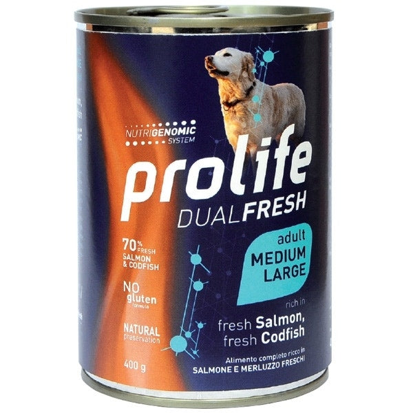 Prolife Dual Fresh Salmone E Merluzzo Freschi Cibo Umido Per Cani Adulti Taglia Media/Grande Lattina 400g-2