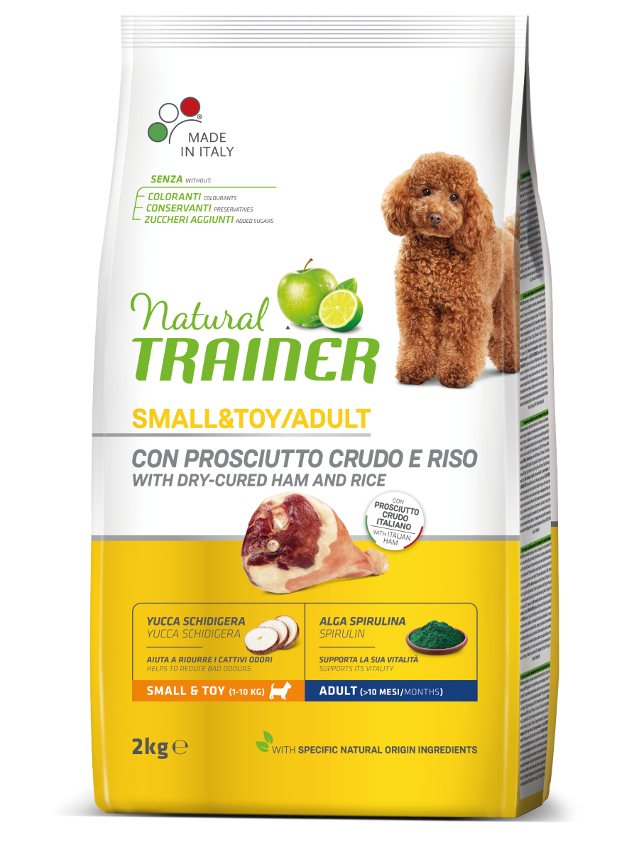 Natural Trainer Crocchette Prosciutto Crudo/Riso Per Cani Adulti Taglia Piccola Sacco 2kg-3
