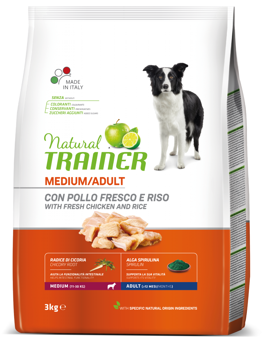 Natural Trainer Crocchette Pollo Fresco/Riso/Alga Spirulina Per Cani Adulti Taglia Media Sacco 3kg-3