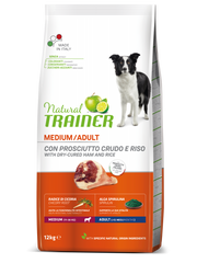 Natural Trainer Crocchette Prosciutto Crudo/Riso Per Cani Adulti Taglia Media Sacco 12kg-3