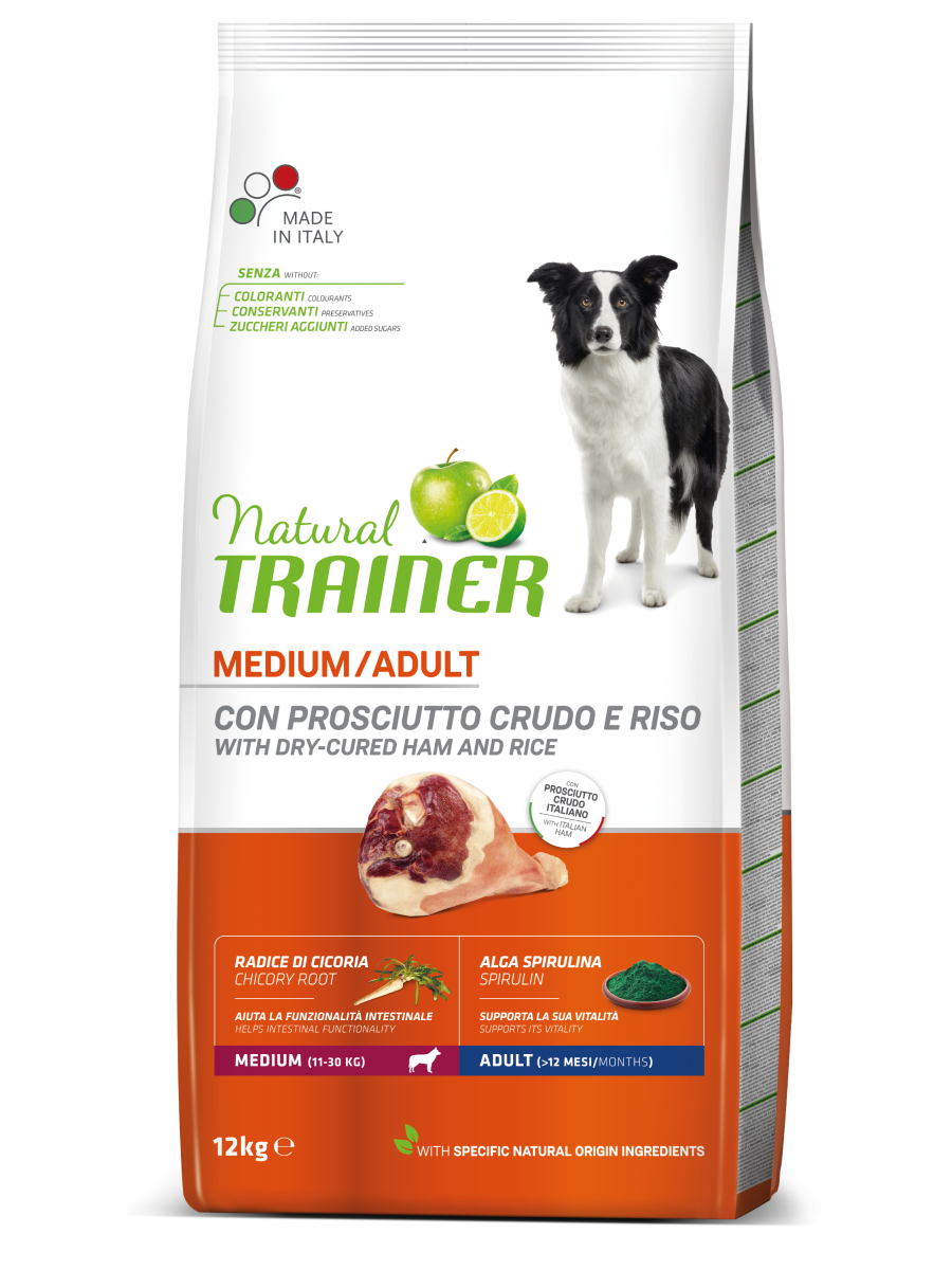 Natural Trainer Crocchette Prosciutto Crudo/Riso Per Cani Adulti Taglia Media Sacco 12kg-3