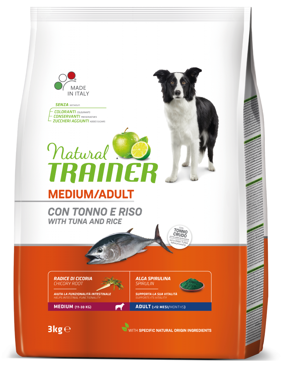 Natural Trainer Crocchette Tonno/Riso/Alga Spirulina Per Cani Taglia Media Sacco 3kg-3