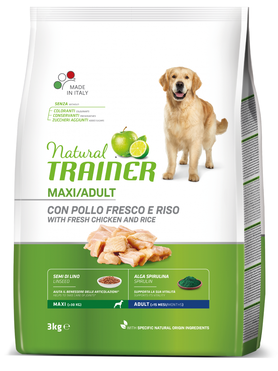 Natural Trainer Crocchette Pollo/Riso/Alga Spirulina Per Cani Adulti Taglia Grande Sacco 3kg-3