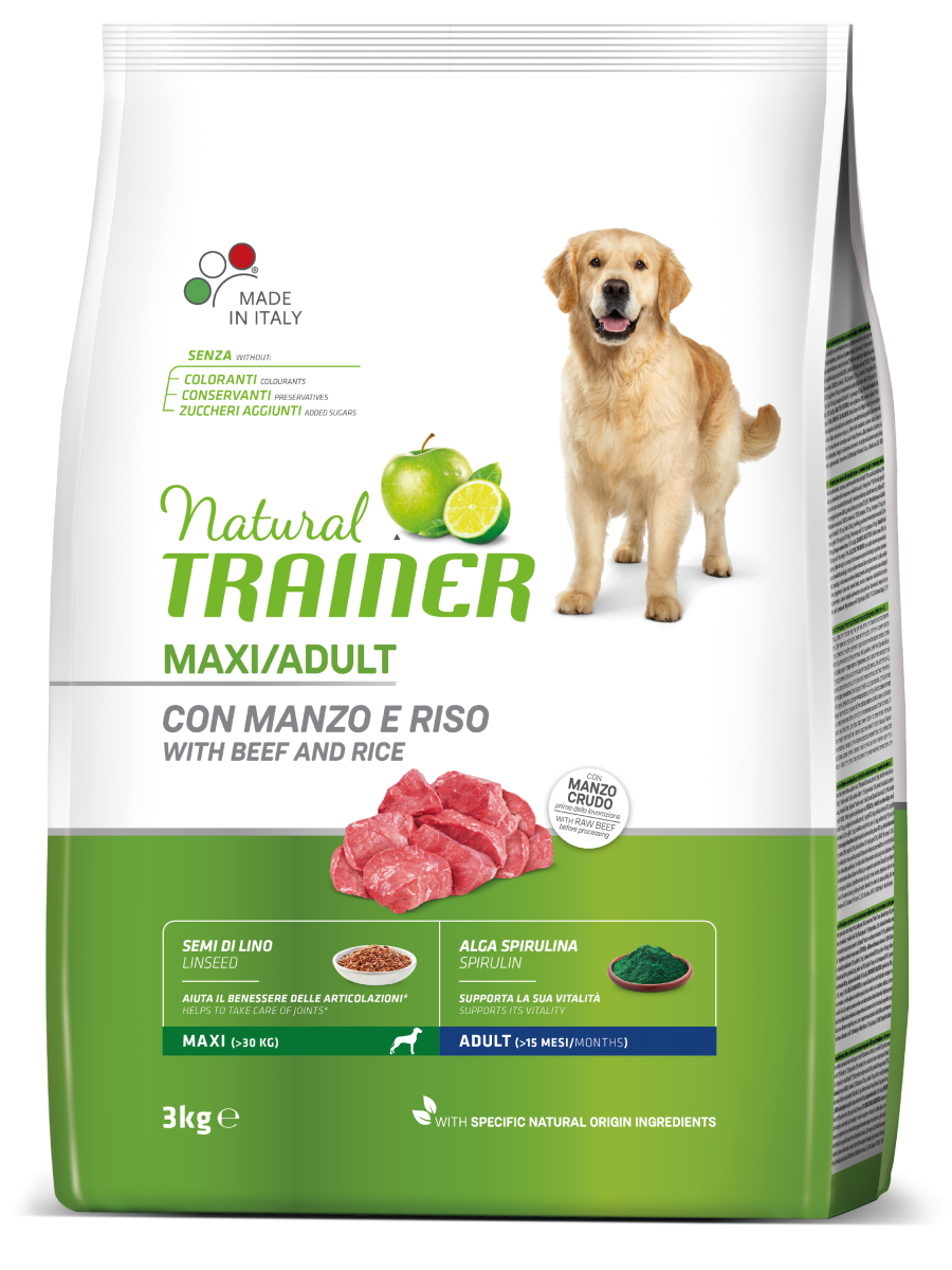 Natural Trainer Crocchette Manzo/Riso Per Cani Adulti Taglia Grande Sacco 3kg-3
