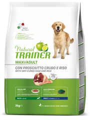 Natural Trainer Crocchette Prosciutto Crudo/Riso Per Cani Adulti Taglia Grande Sacco 3kg-3