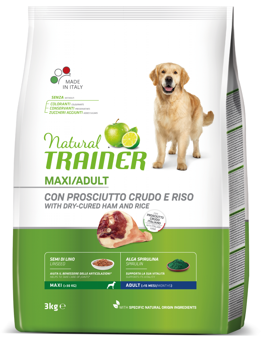 Natural Trainer Crocchette Prosciutto Crudo/Riso Per Cani Adulti Taglia Grande Sacco 3kg-3