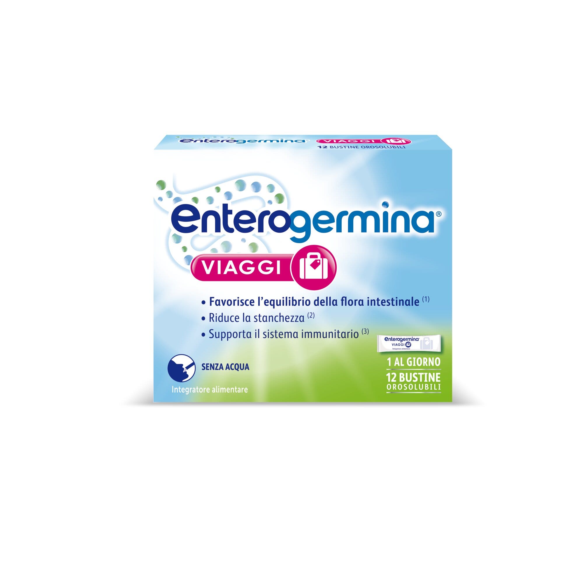Enterogermina Viaggi, Integratore Alimentare Regolarità Intestinale con Probiotici Vitamina A, B12, B6, B9 e Vitamina D 12 bustine-23