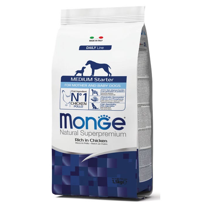 Monge Ricco di Pollo Cibo Secco Per Cani Cuccioli Di Taglia Media Svezzamento Sacco 1,5Kg-1