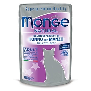 Monge Natural Superpremium Cotti A Vapore Tonno E Manzo Cibo Umido Per Gatti Adulti 80g-1