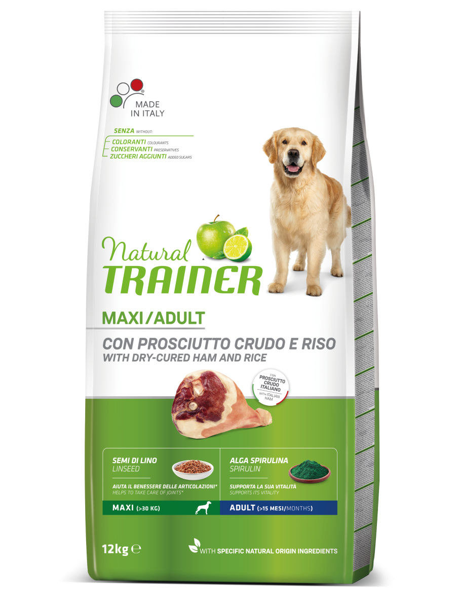 Natural Trainer Crocchette Prosciutto Crudo/Riso Per Cani Adulti Taglia Grande Sacco 12kg-3