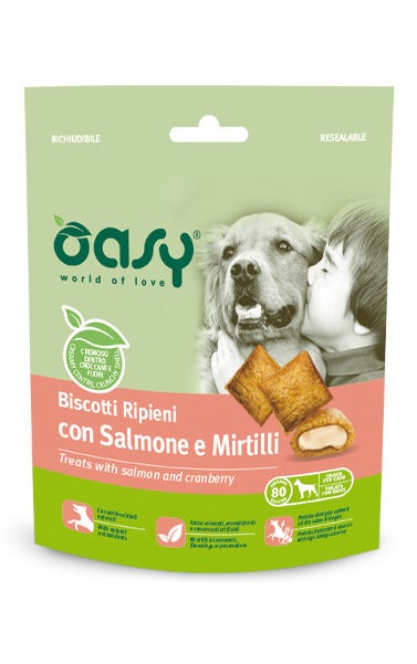 Oasy Snack per Cani Biscotti Ripieni con Salmone e Mirtilli Rossi 80g-2