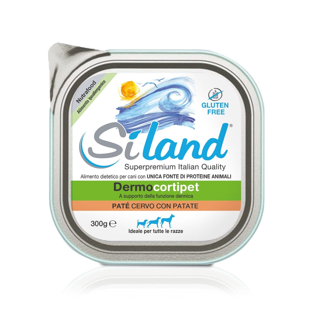 Siland Dermocortipet Paté Cervo/Patate Cibo Umido Cane Adulto Vaschetta 300g-1
