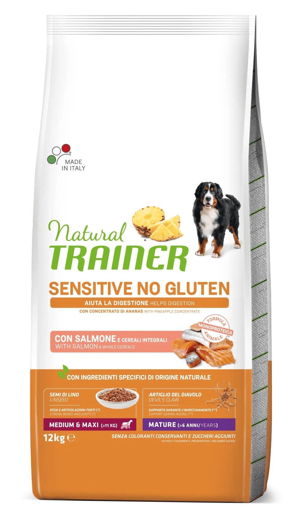 Natural Trainer Sensitive Mature Senza Glutine Crocchette Al Salmone Per Cani Senior Taglia Media/Grande Sacco 12kg-1