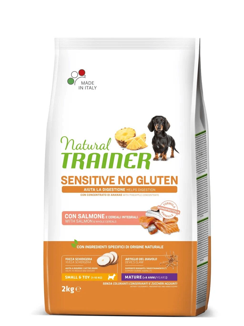 Natural Trainer Sensitive Mature Senza Glutine Crocchette Al Salmone Per Cani Senior Taglia Mini Sacco 2kg-1