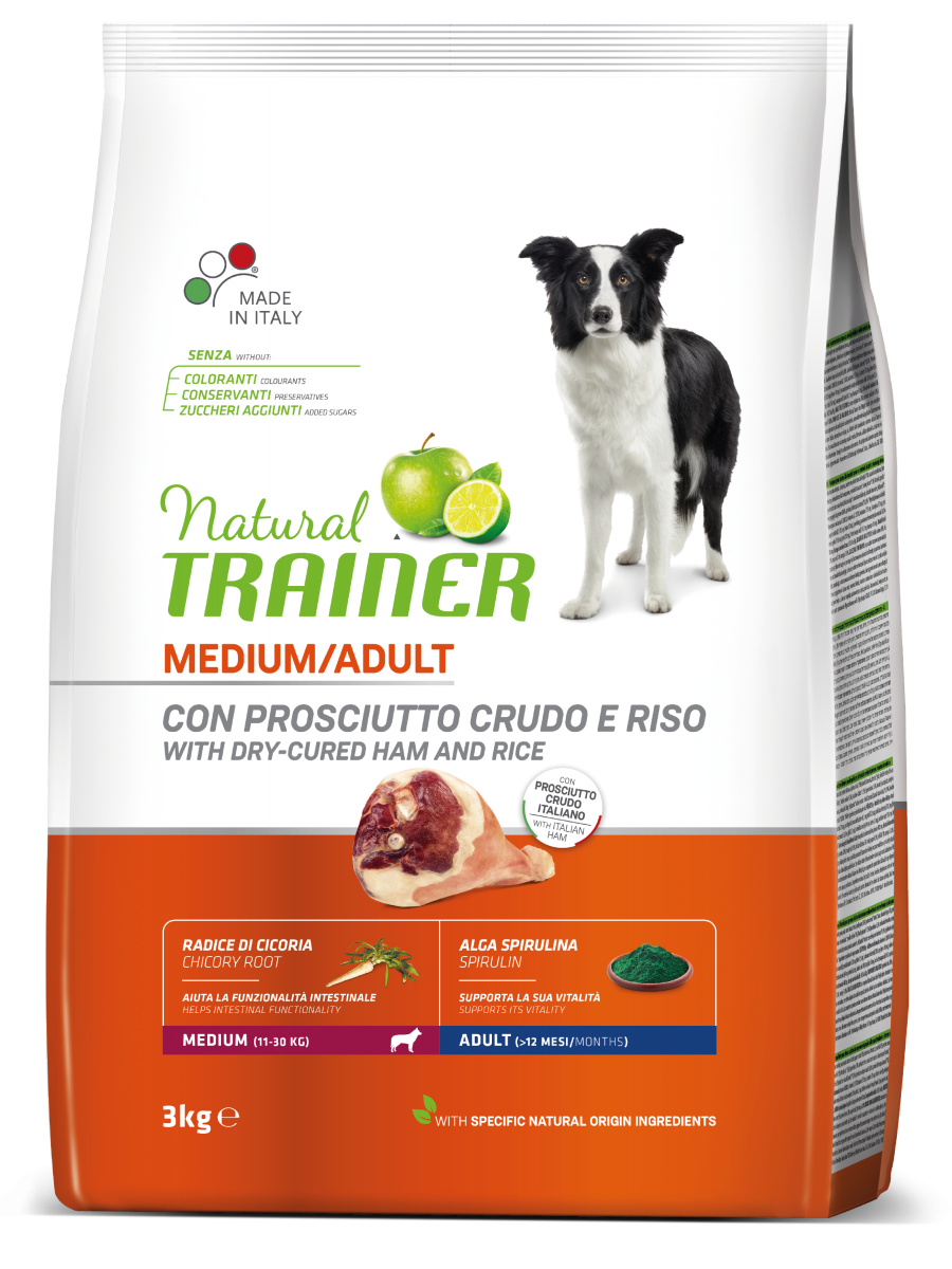 Natural Trainer Crocchette Prosciutto Crudo E Riso Per Cani Adulti Taglia Media Sacco 3kg-2