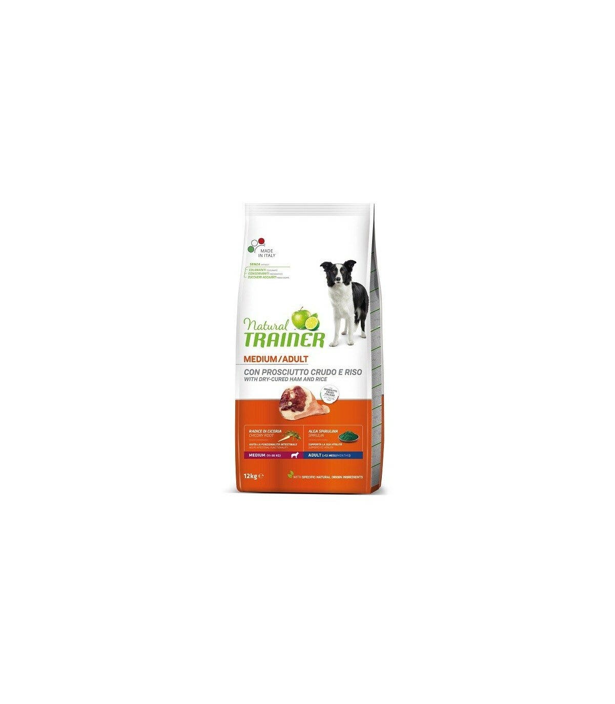 Natural Trainer Crocchette Prosciutto Crudo e Riso Cane Adult Medium 12Kg-1