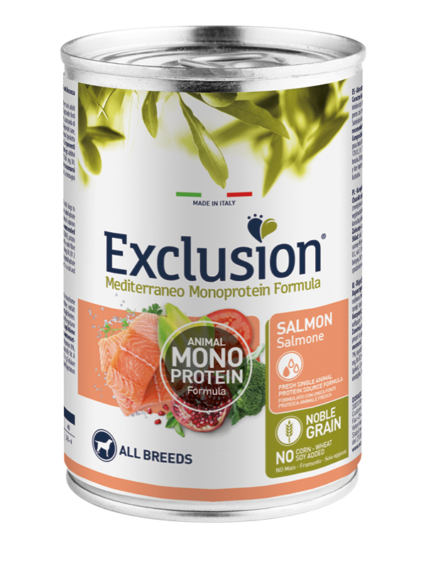 Exclusion Mediterraneo Monoprotein Noble Grain Cibo Umido Salmone Per Cani Adulti Lattina 400g-1