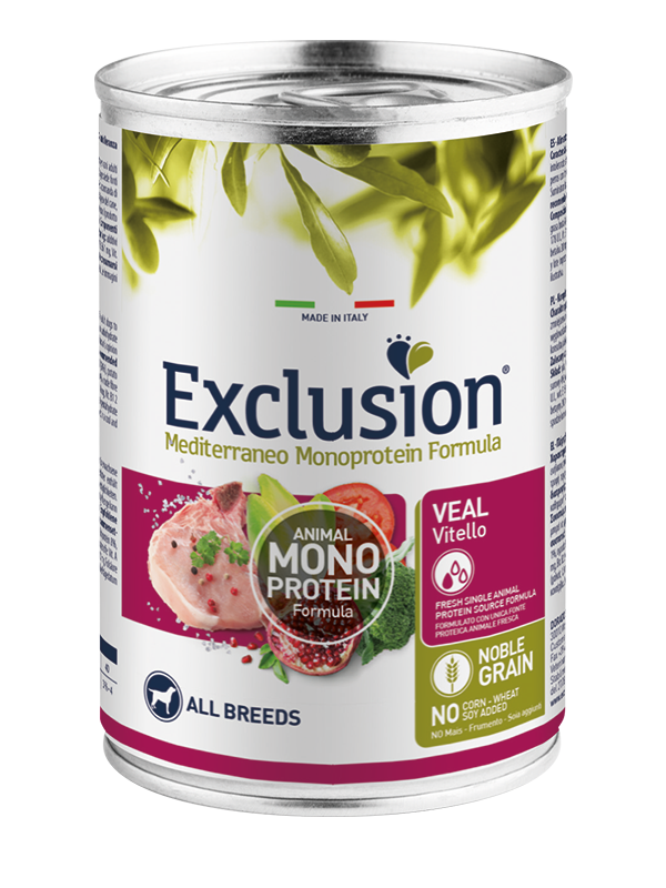 Exclusion Mediterraneo Monoprotein Noble Grain Cibo Umido Vitello Per Cani Adulti Lattina 400g-1