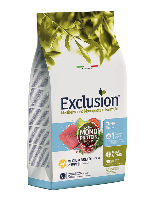 Exclusion Mediterraneo Monoprotein Formula Noble Grain Tuna Crocchette Con Tonno Per Cuccioli Taglia Media Sacco 3kg-2