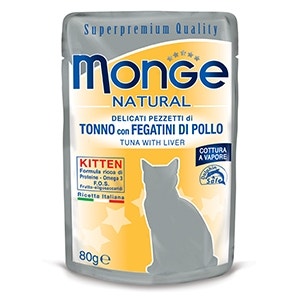 Monge Natural Superpremium Cotti a Vapore TonnoE Fegatini di Pollo Cibo Umido Per Gattini 80g-1