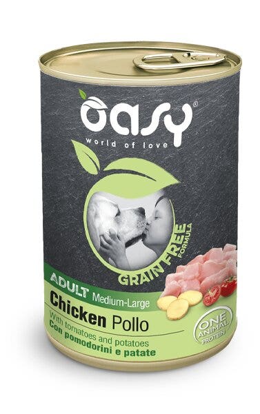 Oasy Grain Free Formula Cibo Umido Pollo Per Cani Adulti Taglia Media/Large 400g-1