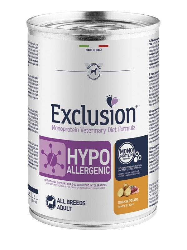 Exclusion Monoprotein Veterinary Diet Formula Hypoallergenic Umido Anatra/Patate Cani Lattina 400g-1