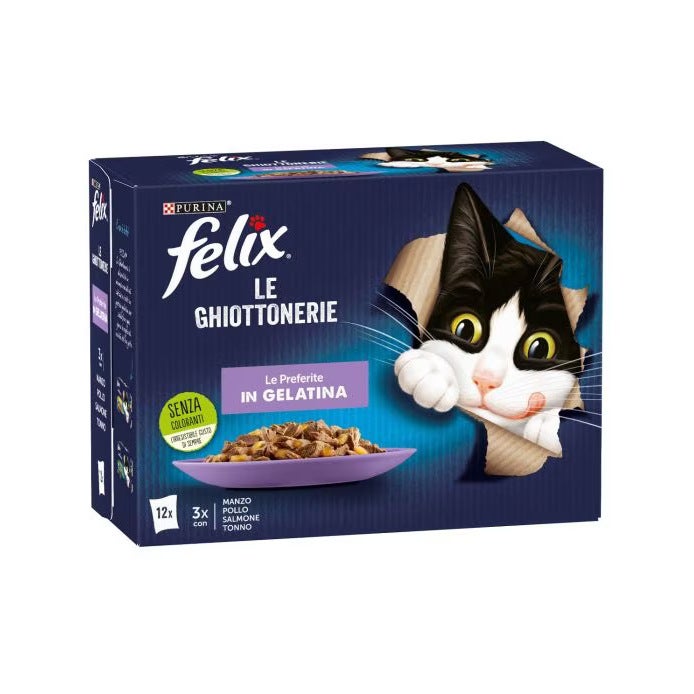 Purina Felix Le Ghiottonerie Gusto Manzo/Pollo/Salmone/Tonno Cibo Umido Gatti Adulti Busta 12x85g-8