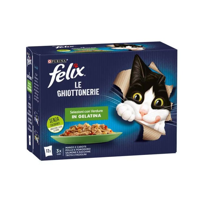 Purina Felix Le Ghiottonerie Manzo/Pollo /Salmone/Trota Con Verdure Cibo Umido Gatti Adulti Busta 12x85g-7