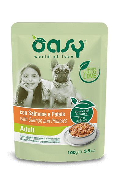 Oasy Straccetti In Salsa Con Salmone E Patate Per Cani Adulti Bustina 100g-2