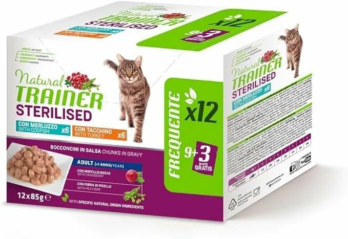 Natural Trainer Gatto Multipack Sterilised con Tacchino e Merluzzo Bocconcini in Salsa 12x85g-1