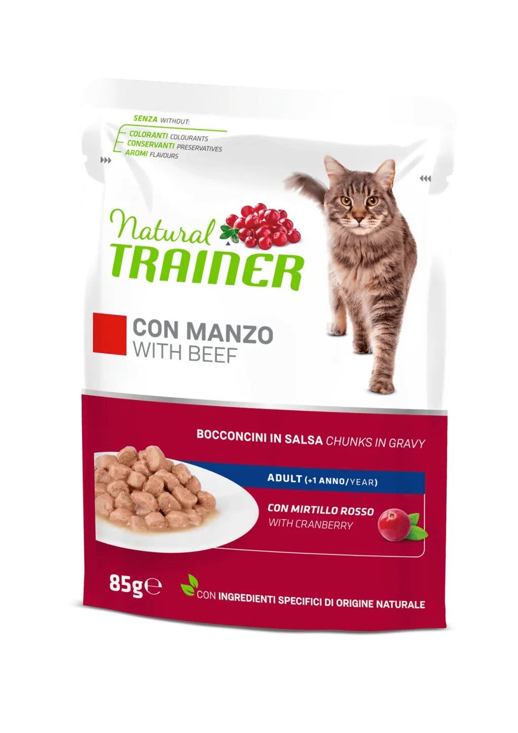 Natural Trainer Gatto Hairball Adult con Manzo Bocconcini in Salsa 85g-1