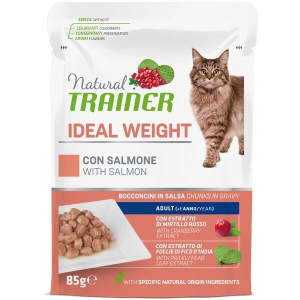 Natural Trainer Gatto Ideal Weight Adult con Salmone Bocconcini in Salsa 85g-1