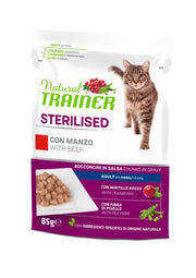 Natural Trainer Gatto Sterilised Adult con Manzo Bocconcini In Salsa 85g-1