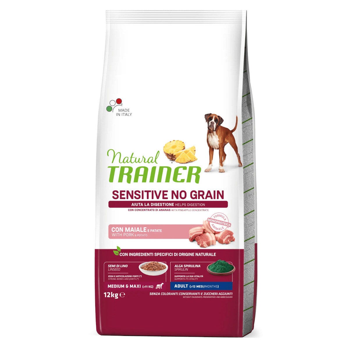 Natural Trainer Sensitive No Grain Medium & Maxi Adult Con Maiale Per Cani Adulti 12kg-1