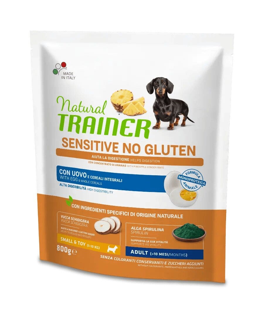Natural Trainer Cane Sensitive No Gluten Small & Toy Adult con Uovo e Cereali Integrali 800g-1