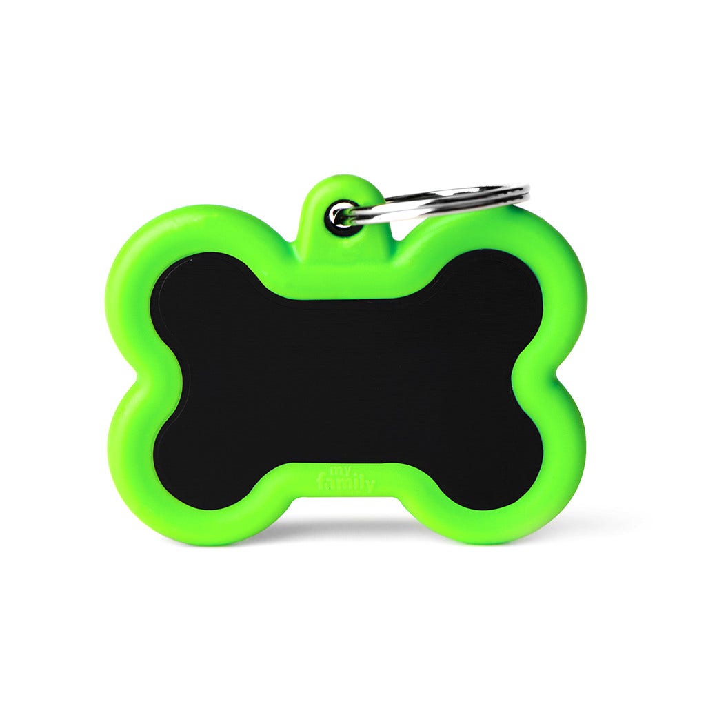 Medaglietta Per Cani E Gatti Personalizzata Osso In Alluminio Nero Con Gomma Verde -1