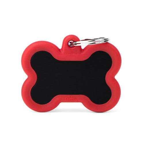 Medaglietta Per Cani E Gatti Personalizzata Osso In Alluminio Nero Con Gomma Rossa-1