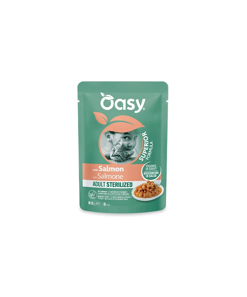 Oasy Wet Lachsstückchen für ausgewachsene, sterilisierte Katzen Beutel 85 g