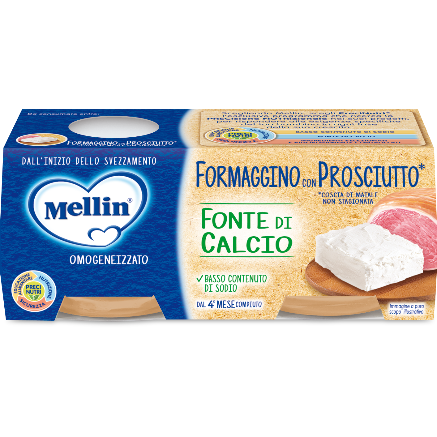 Mellin Baby Omogeneizzato Formaggio Prosciutto 4M+ 2x80g  - 2
