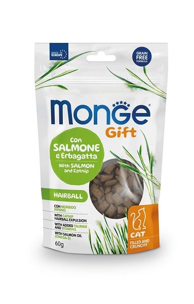 Monge Filled & Crunchy Hairball Snack Per Gatti Salmone E Erbagatta 60g-1